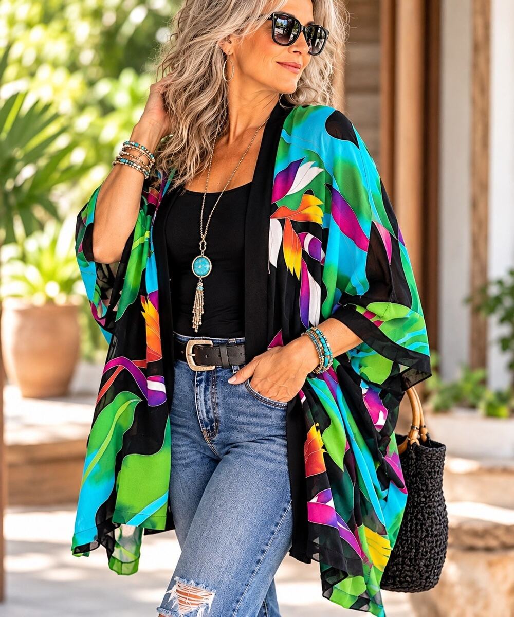 Draper's & Damon's Black Floral 100% Silk Sheer Kimono Cardigan Plus Size EUC